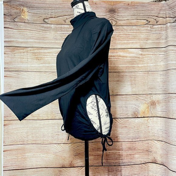 Plus Size 1X Black Mock Neck‎ Cut Out Side Drawstring Long Sleeve Top Blouse - Picture 5 of 8